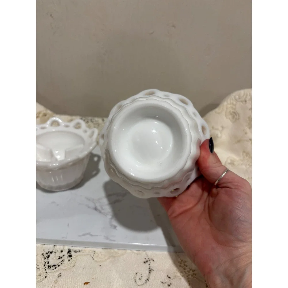 Vintage White Milk Glass Lace Edge Taper Candle Holders Set of 2